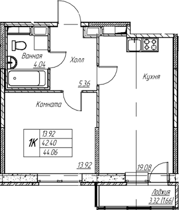 1-комнатная квартира 44.06 м², 13/22 эт., ЖК «Парк-квартал Юнтолово»
